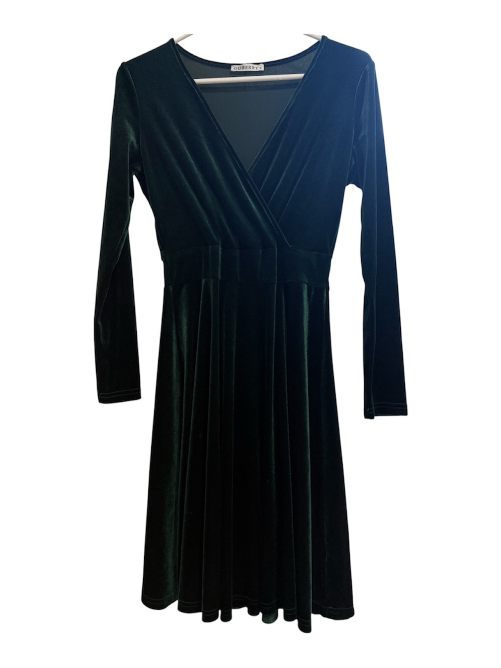 GUBERRYs Forest Green Velvet Long Sleeve V-Neck Surplice A-Line Midi Dress